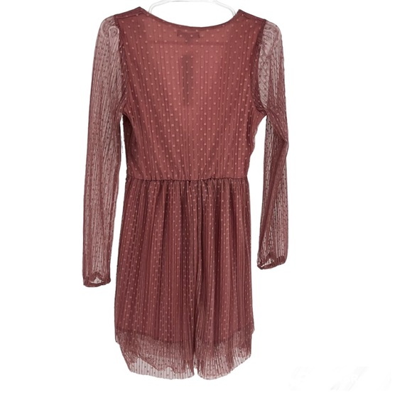 KENEDIK NWT WOMEN’S PLEATED DOT MESH LONG SLEEVE DRESS PINK MAUVE MEDIUM - Picture 3 of 11